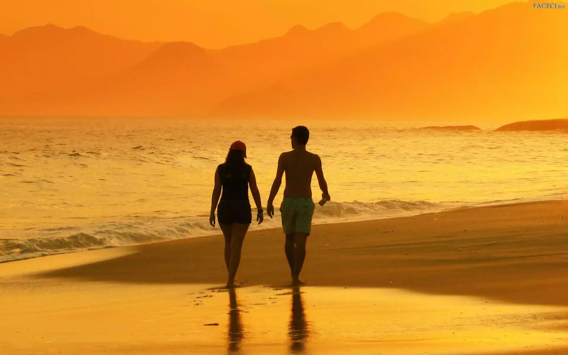 Plaża, Para, Morze, Spacerująca